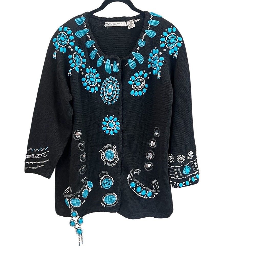 Vtg Michael Simon‎ 1991 Beaded Southwestern Cardigan Sweater Black Turquoise 2x